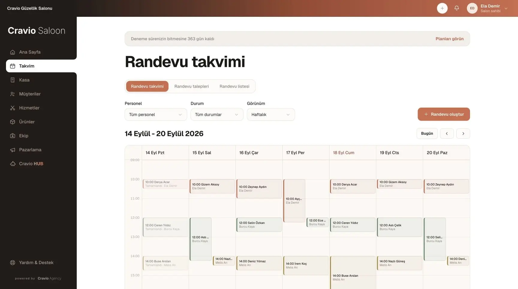 Cravio Saloon takvim web paneli